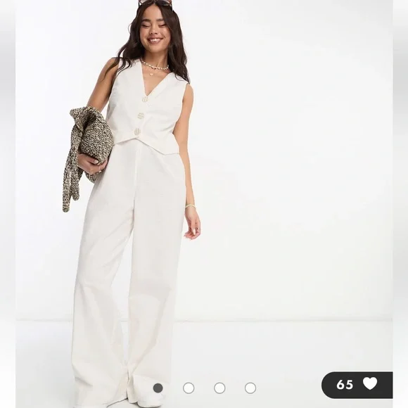 ASOS Cream Linen Like Vest Jumpsuit Wide Leg Button Front Minimalist Size 6 - Picture 3 of 10